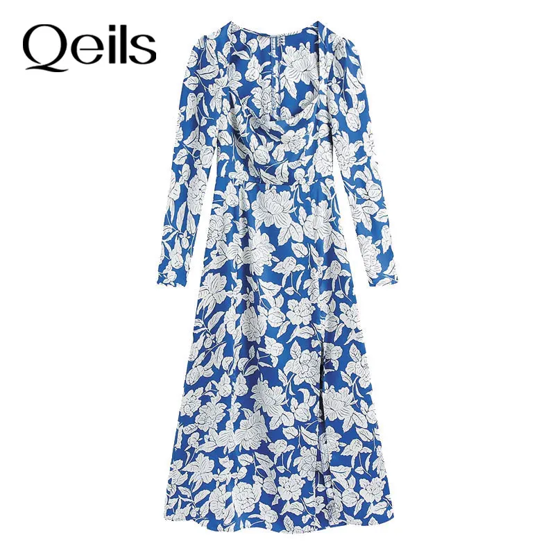 Qeils для женщин шик моды Цветочный принт с разрезом спереди А-образного силуэта