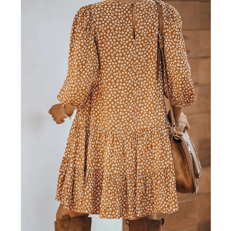 

Short Women Dress Spring O Neck Half Lantern Sleeves Ruffles Floral Print Dress Loose Casual Knee Length Female Retro Vestidos