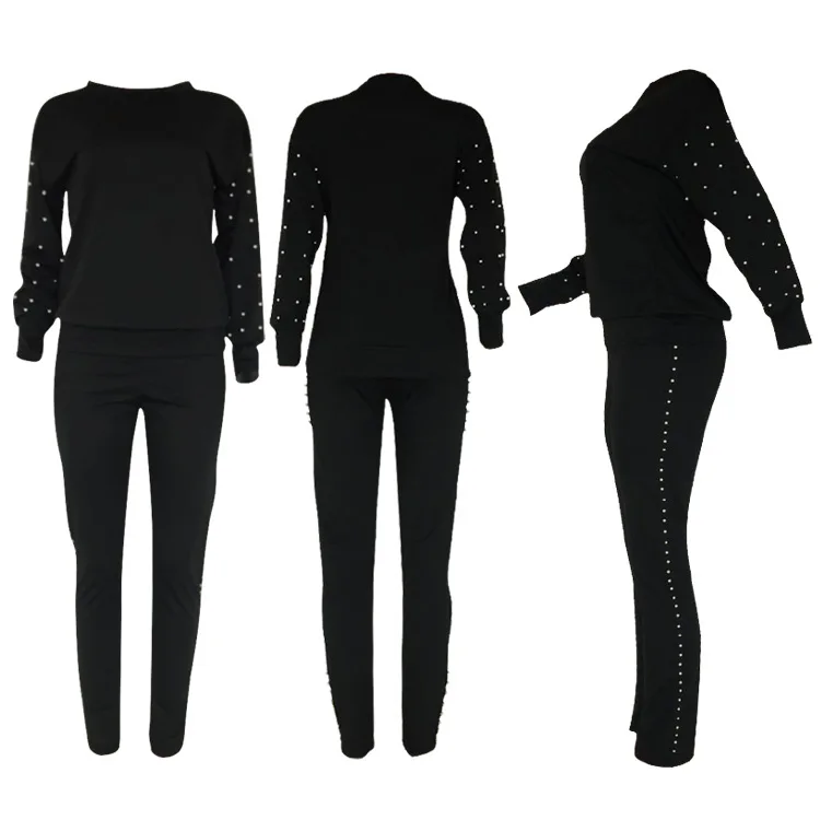 

FENGGUILAI 2019 NEW Fashion 2 Piece Sets Blue Black Womens Outfits Casual Pearls O-Neck Tops + Pants Two-piece Suit Jogger Set