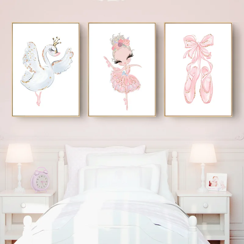 

Pink Swan Princess Nursery Wall Art Canvas Painting Ballerina Posters and Prints Nordic Kid Baby Girl Room Decor Picture