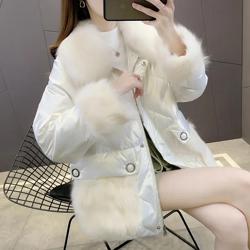 SHZQ Fur 2021 Winter New Down Coat Fox Fur Collar Coat Women's Warm Coat Short Thick