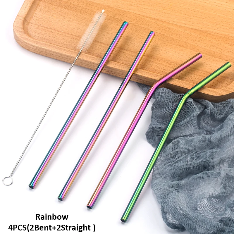 09 Rainbow Многоразовые металлические трубочки для питья 304 нержавеющая сталь прочная изогнутая прямая соломинка для напитков с чистящей щеткой вечерние аксессуары - Цвет: 09 Rainbow