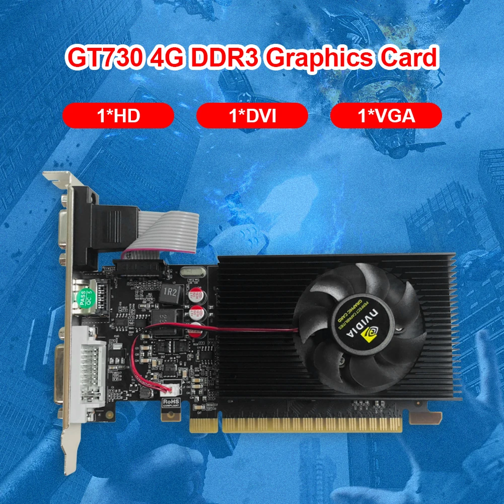 

GT730 4G DDR3 Desktop Computer Graphics Card PC PCI-E 2.0 Video Card HDMI-Compatible+VGA+DVI Port 128bit GDDR3 Accessory