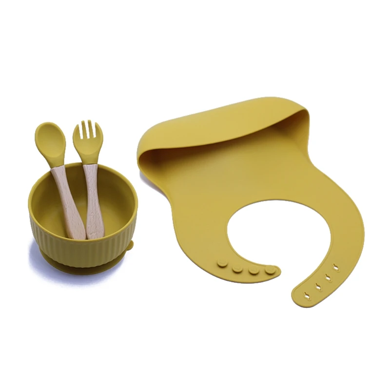 

4PCS Silicone Baby Feeding Bowl Tableware Waterproof Bibs Spoon Fork Non-Slip BPA Free Silicone Dishes H3CD