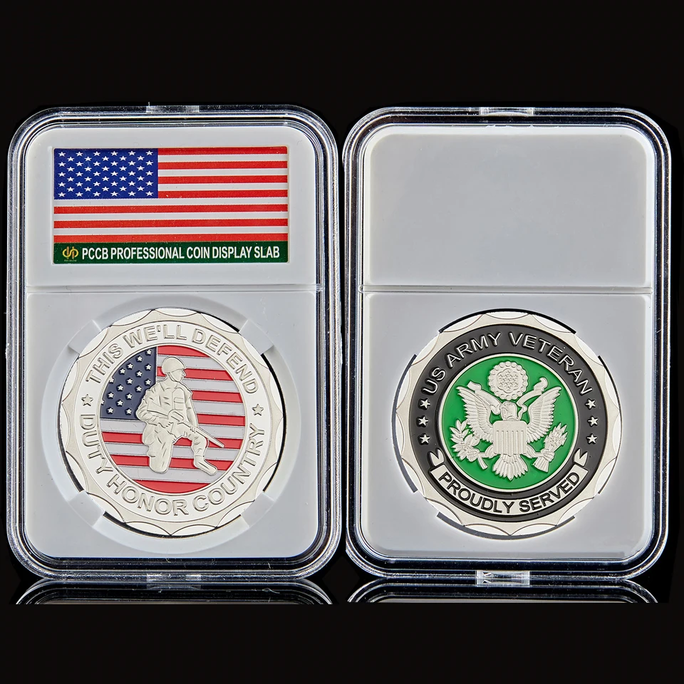 Американский солдат Veteran War гордо поил памятную монету с акриловой