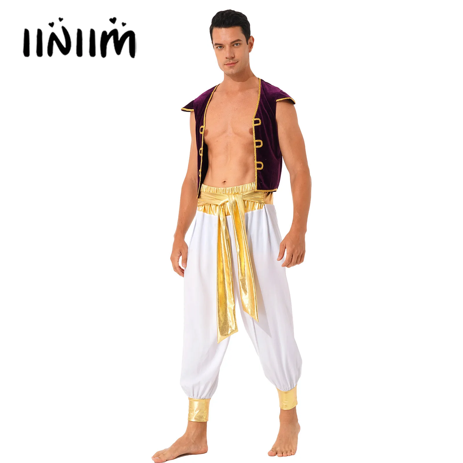 

Mens Arabian Prince Lamp Cosplay Costumes Halloween Fancy Dress Ball Outfit Cap Sleeve Vest Waistcoat with Belted Bloomers Pants