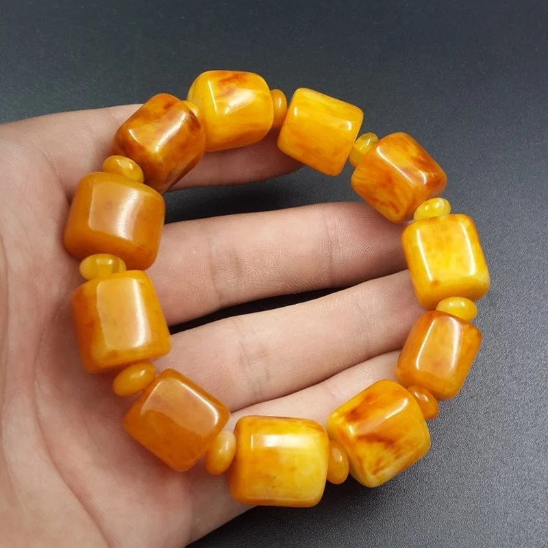 

New Chicken Oil Yellow Amber Beeswax Bracelet Domineering Men's Bucket Beads National Wind Bracelet