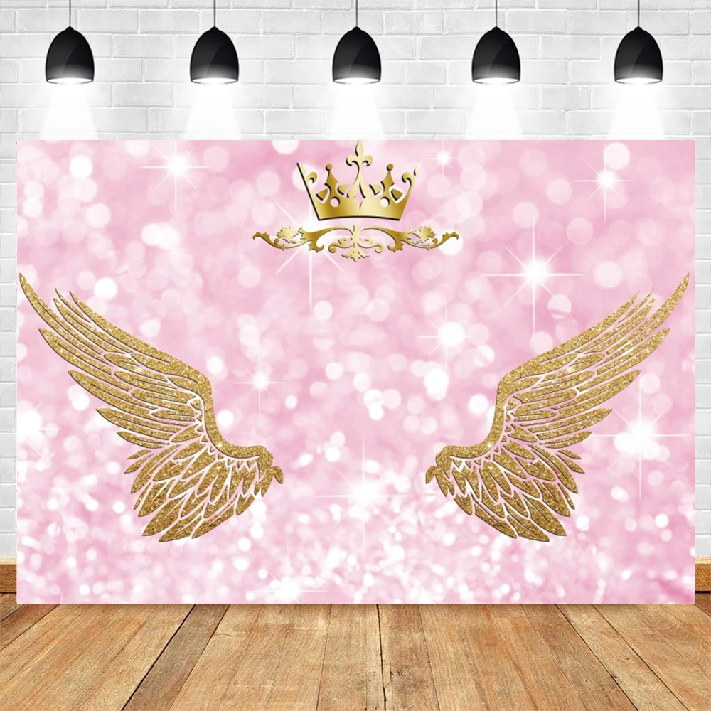 

Custom Pink Glitter Golden Wings Backdrop Queen Princess Party Baby Shower Angel Crown Background Photo Studio Photophone Props