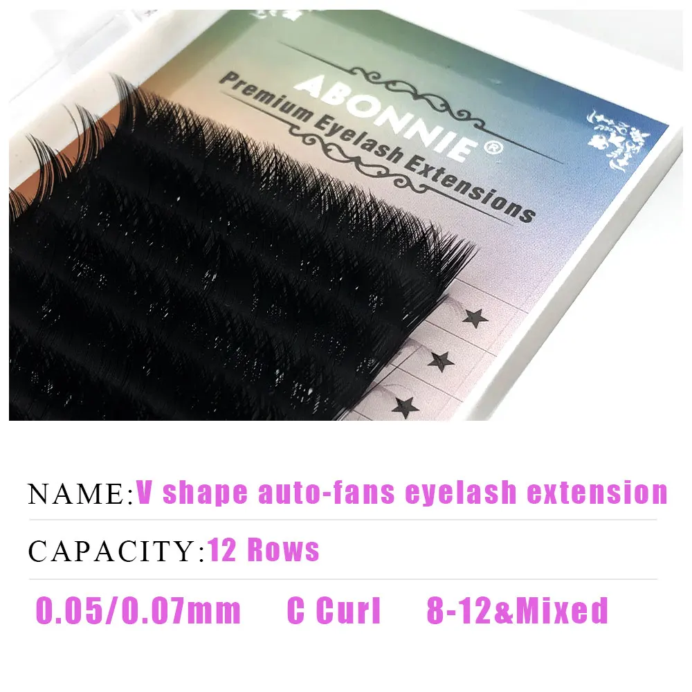 

Abonnie Auto-Fans V Shape Lashes Extensions Volume 0.05/0.07 C 8-12mm Soft Mink Eyelash Trays Handmade Lash
