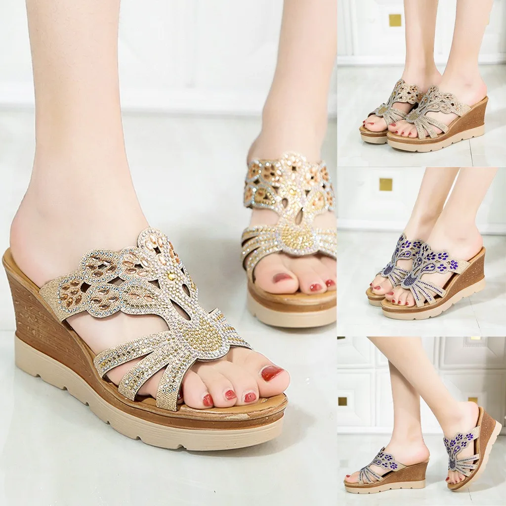 Женские сандалии на танкетке с открытым носком в богемном стиле Тапочки Женская