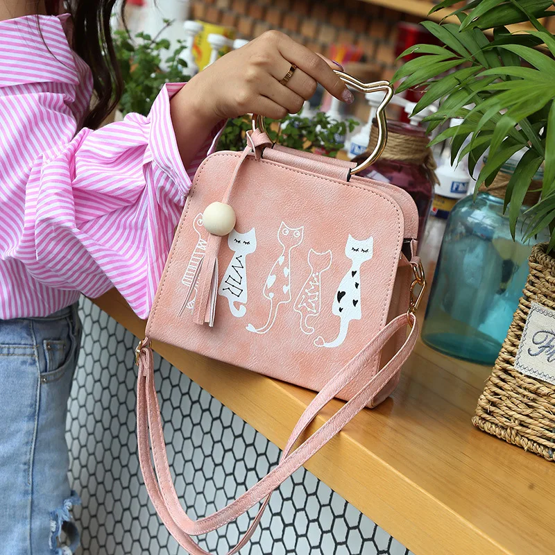

New Style Women's Shoulder Bag Student Crossbody Bag PU Leather Handbag Fashion Trendy Bag Cute Hipster Cat Totes for Girls