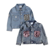 girls denim coat long sleeve lapel button open front jacket with pockets single breasted outerwear leopard glitter 1 6 years