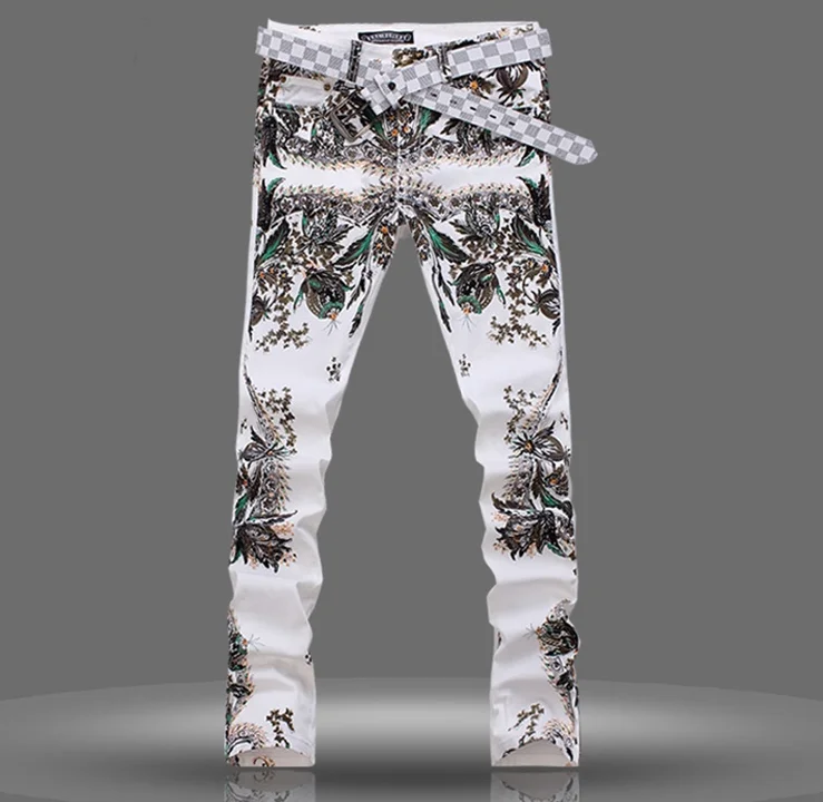 

3D Men's Flower Printed Jeans Male Coloured drawing Paiting Pants Fashion White Skinny Stretch Cotton Denim High Quality
