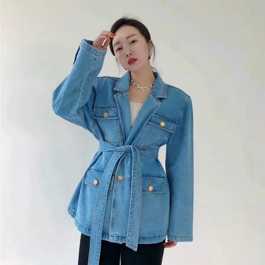 

Button Double Pockets Jackets Women Solid Color Simple Tops Autumn Turn-down Collar Lace Up Slim Waist Denim Coat Chic