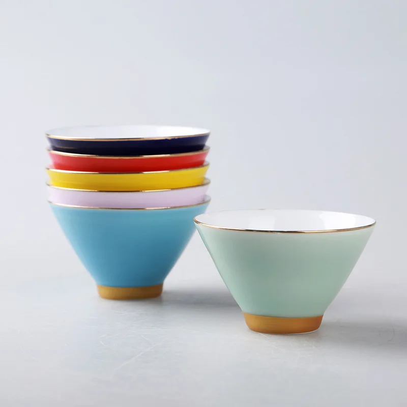 

6pcs Candy Color Ceramic Carving Flower Tea Set Chinese Kungfu Tea Set Wine Separator Wine Glass Coffee Cup Gift Ornaments 60ml