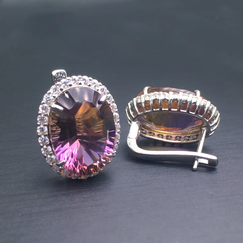 Большая кварцевая серьга CSJ с камнем Аметрин серебро 925 пробы вогнутая огранка 12*16
