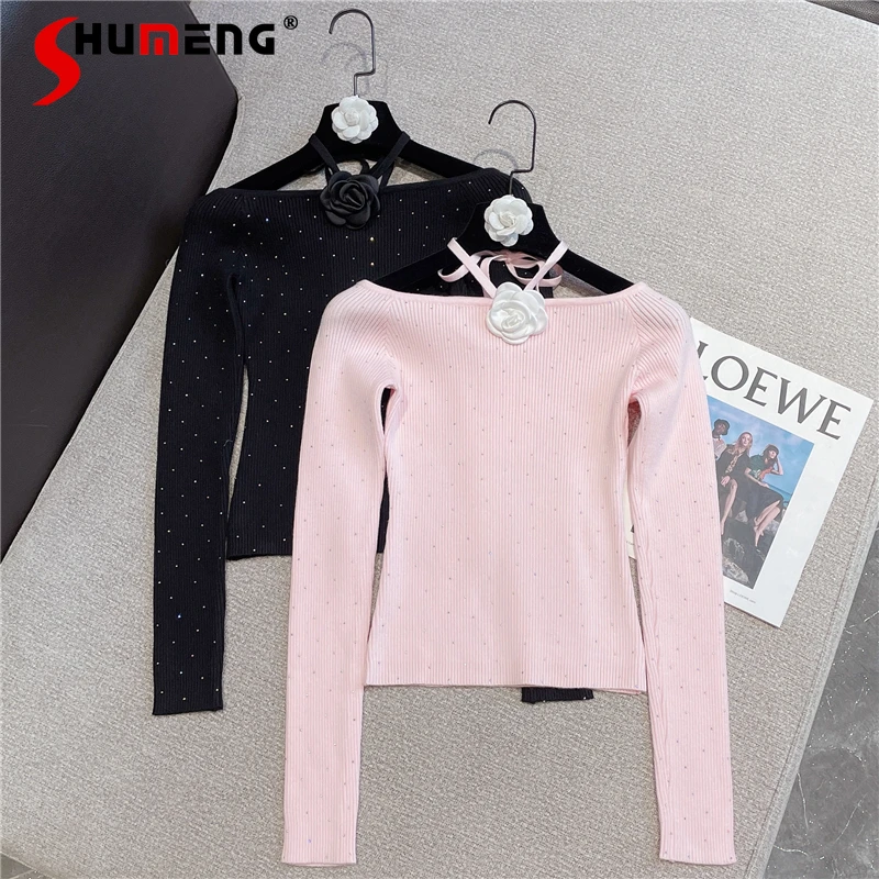 

Модный милый корсажный пуловер со шнуровкой и лямкой на шее, вязаный Топ для женщин, новинка зимы 2021, стразы с длинным рукавом, стройнящая тр...