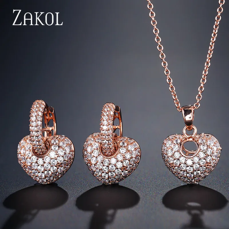ZAKOL новый набор ювелирных изделий из циркония ожерелье и серьги в форме сердца
