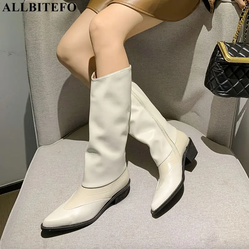 

ALLBITEFO Size 33-40 Thick Heel Fashion Sexy Microfiber + Genuine Leather Women Riding Boots Winter Shoes Female Knee High Boots