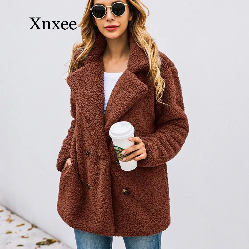 wool Fox fur autumn winter double-breasted women's fur coat turndown-collar loose plush coat women teddy jacket sheepskin coat