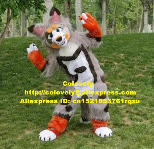 Серый длинный мех Fursuit пушистый Собака Хаски волк костюм лисы маскота взрослый