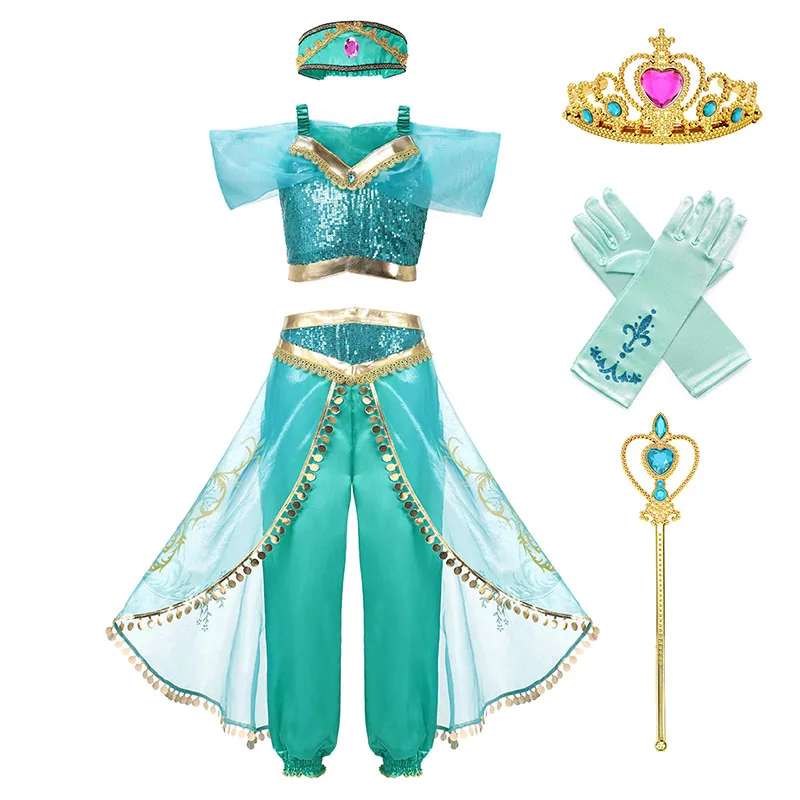 Jasmine Set F 4 шт. принцесса одежда Jasmine Комплект для девочки Топ Брюки повязка на голову Тюлевая накидка ребенок Алладин Косплей Вечерние наряды танец живота одежда - Цвет: Jasmine Set F