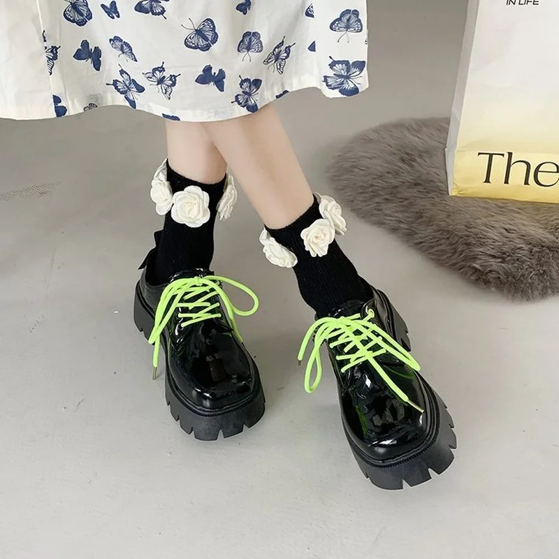 

2021 Spring Autumn Patent Leather Women Shoes Square Flat Platform Ankle Boots Woman Thick Bottom Lace Up Oxford Shoes