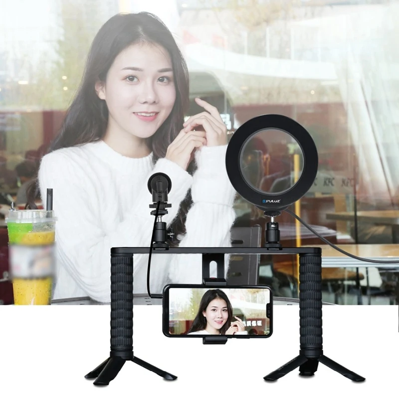 

PULUZ 4 in 1 Vlogging Live Broadcast Ring LED Selfie Light Smartphone Video Bracket Kits+Microphone+Mount+Cold Shoe Tripod Head