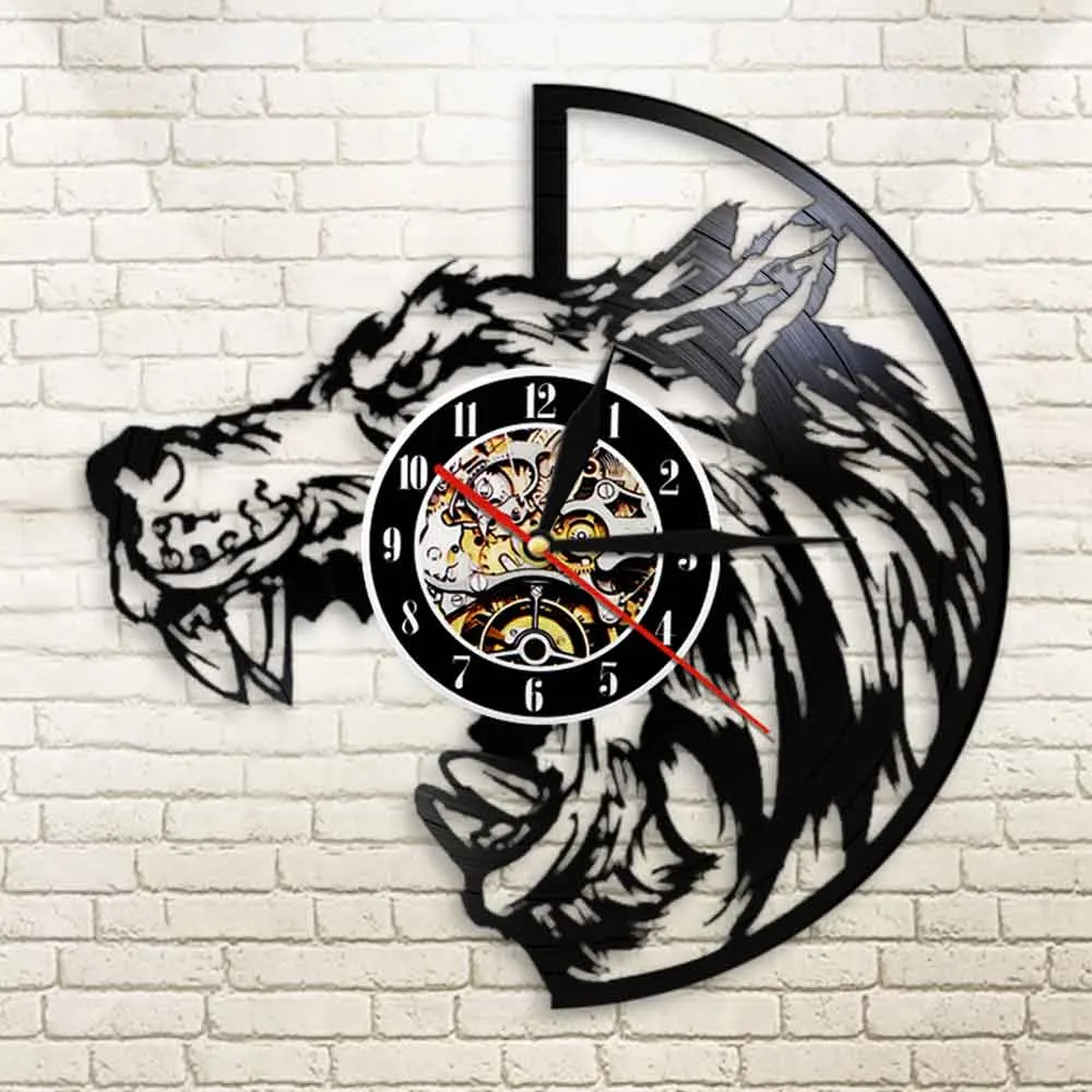 Настенные часы с изображением головы волка острыми зубьями виниловые властные
