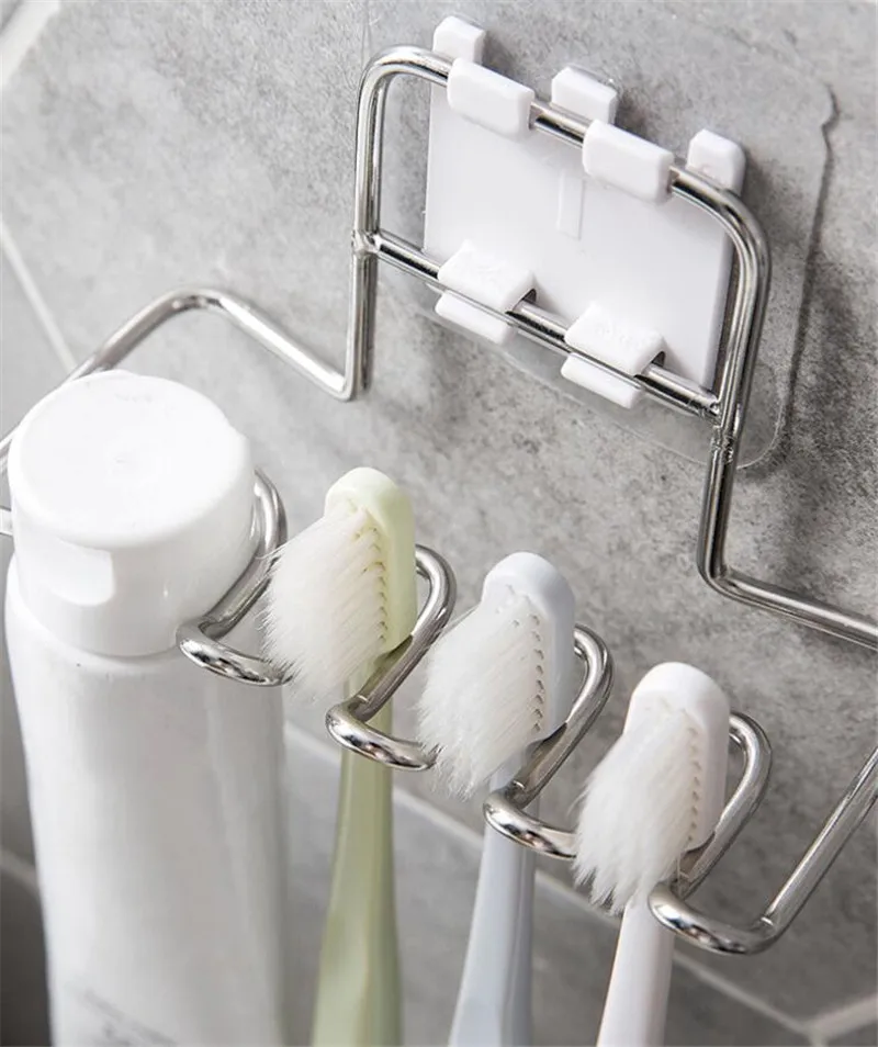 2 in 1 Stainless Steel Toothbrush Holder Suction Cup Toothpaste Rack Razor Shelf Organizers For Bathroom