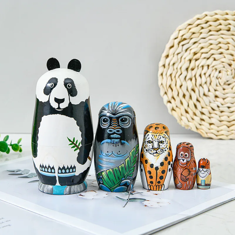 

Panda Lion King Forester Animal Hand-draw Russian Doll 4 Layer Matryoshka Dolls Artwork Craft Handicraft Gift Decorations Toys