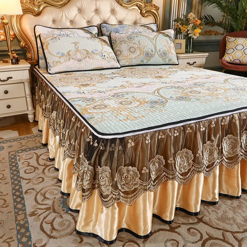

Luxury Quilted Latex Bedspread Summer Cool Bed Sheet Cover Zipper Queen King Lace Bedskirt Ruffles Removable with 2 Pillowcases