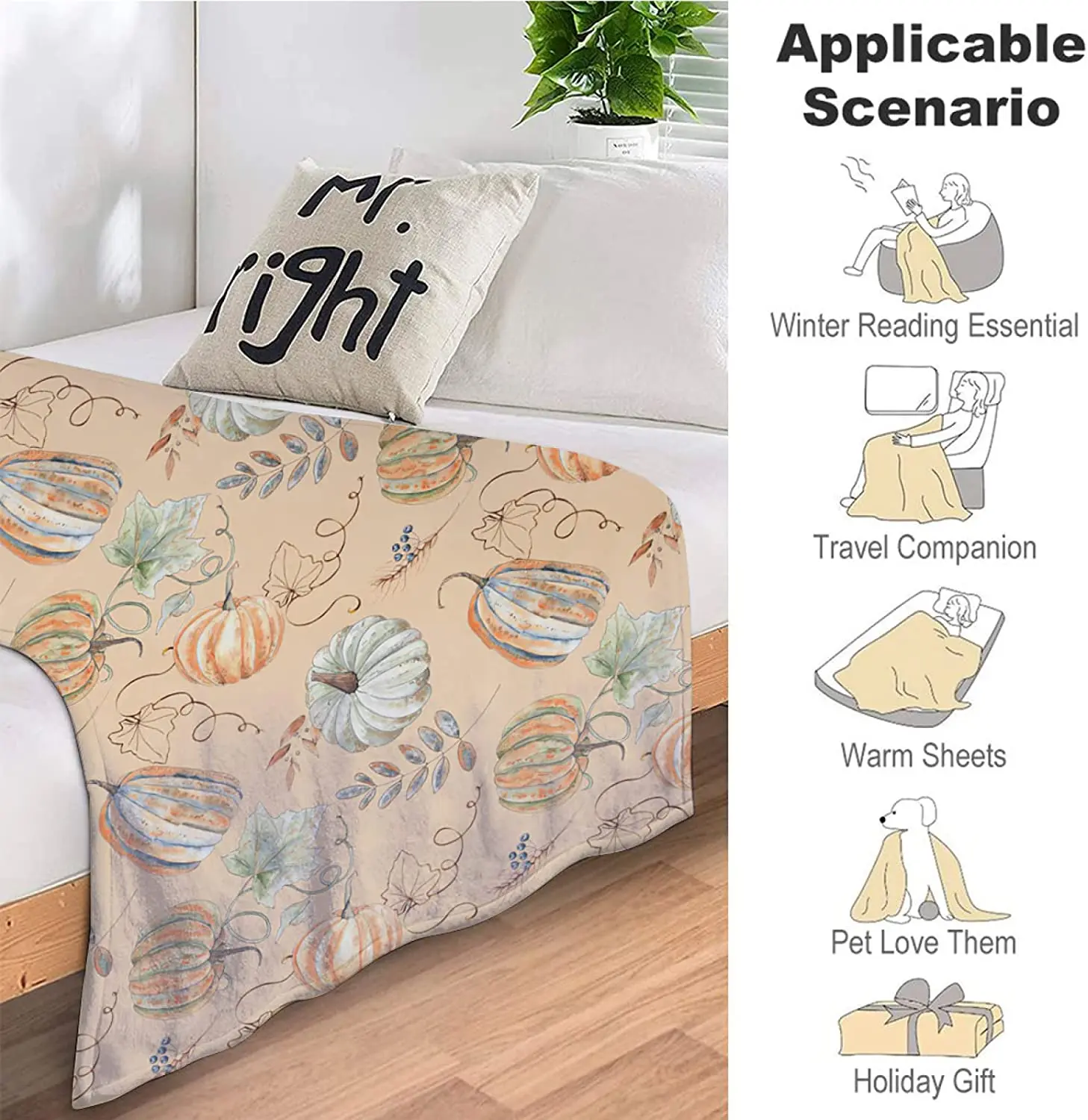 Manta de decoraci&oacute;n de oto&ntilde;o para el hogar, manta polar de franela con hojas de calabaza, superc&aacute;lida, para sof&aacute; y sala de estar-3
