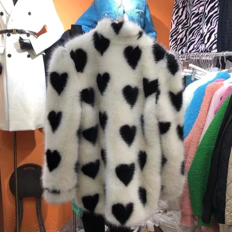 Faux Fur Coat Loose Love Stand-up Collar Women's Eco-coat  Synthetic Fur Jackets Winter Plush Jacket Clothes Korea Ladies