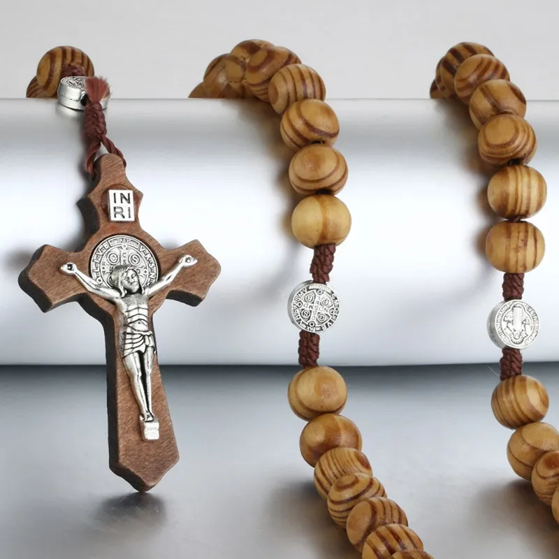 

2Colors Religious Wooden Antique Cross Rosary Pendant Necklace Beads Catholic Jesus ChristRosary Men Women Jewelry Gifts