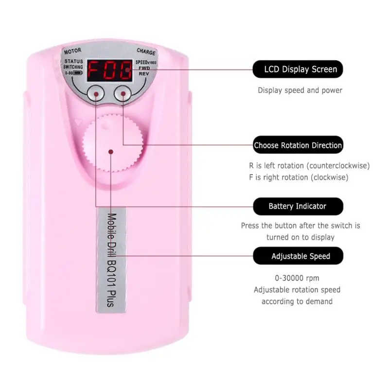 

Pink Mini Electric Pen Type Nail Polisher Nail Art Drill Machine Rechargeable Manicure Pedicure Tool US/ EU Plug Portable TSLM1