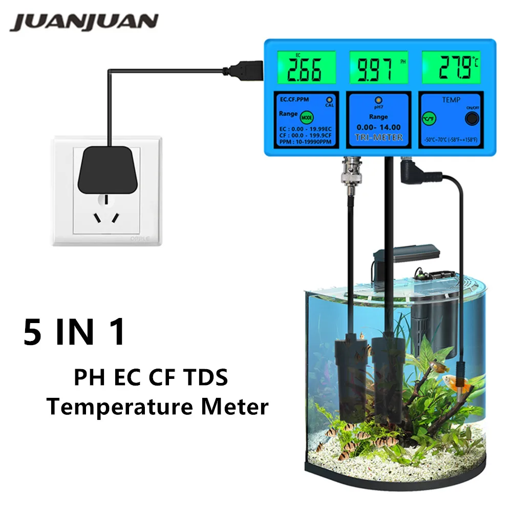 Digital 5 in 1 Multi-parameter PH EC CF TDS Temperature Meter Tester Portable LCD Water Quality Analysis Device PH-117 47% off