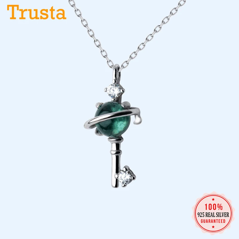 Trusta 100% 925 цельное Настоящее серебро ключ Вселенная CZ синий кристалл кулон 40 см ожерелье ключицы серебряное