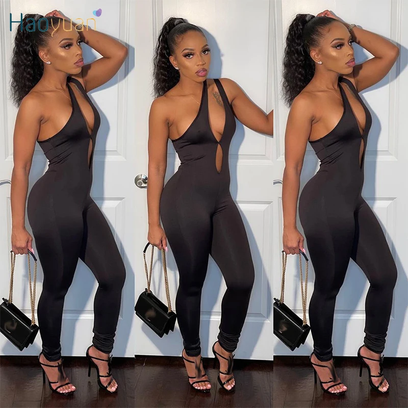 

HAOYUAN Hollow Out Bodycon Jumpsuit for Women Sleeveless One Shoulder Birthday Outfits Sexy Night Party Club One Piece Rompers