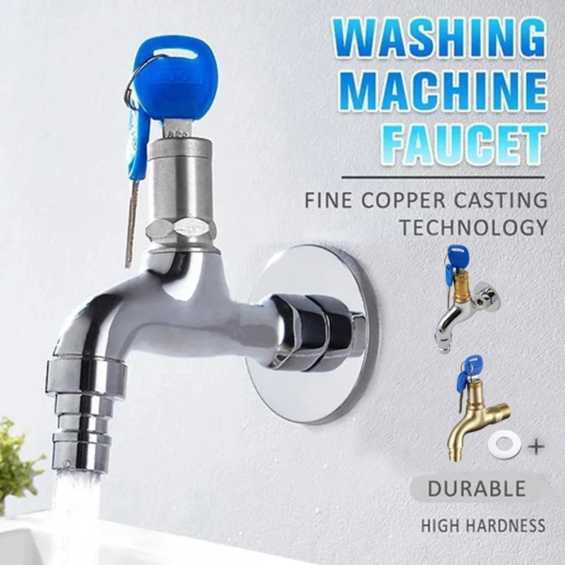 

Water Tap with Lock Key Anti-theft Single Hole Metal Washing Machine Faucet for Home TRYC889