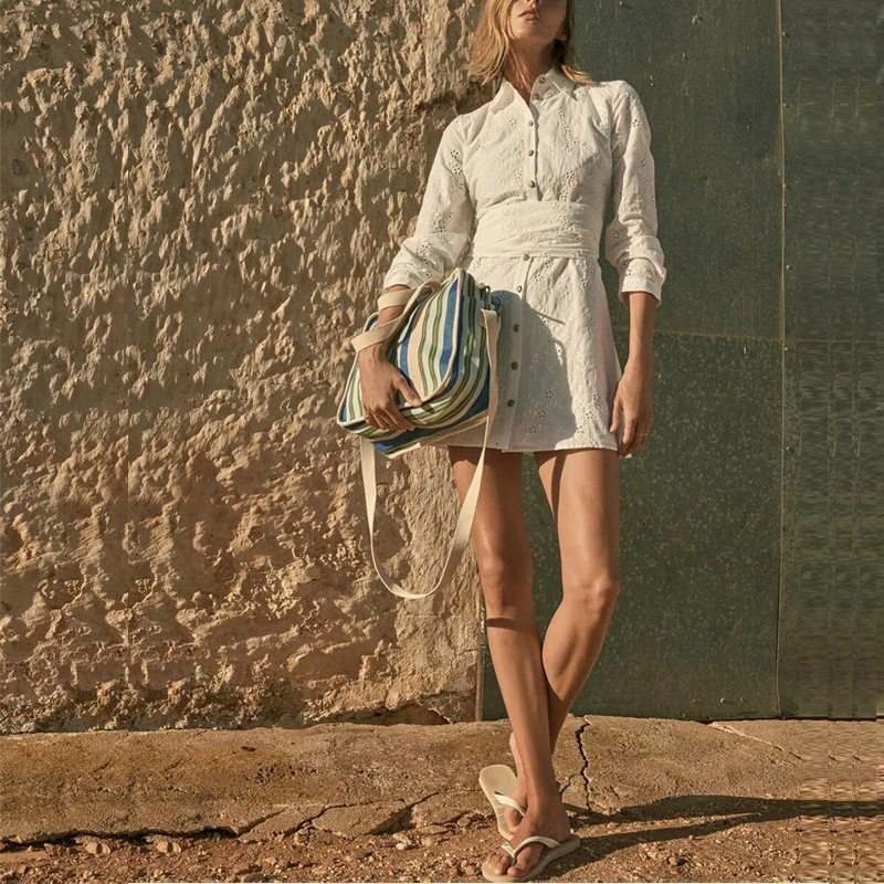 

ZAAHONEW 2021 New Turn Down Collar Mini Dresses Women Elegant Hollow Out Embroidery Summer Dress