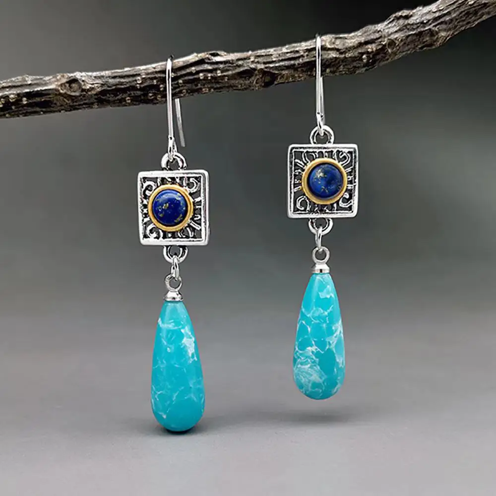 

Bohemian Style Orchid Pine Jade Drop Earrings Antique Two-Color Lapis Lazuli Drop Gemstone Earrings