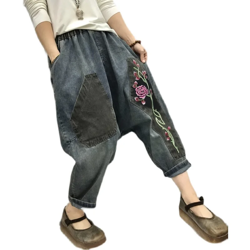 

Джинсовые штаны с вышивкой, женские модные повседневные ковбойские шаровары, мешковатые штаны в стиле хип-хоп, для танцев, с карманами, с низ...