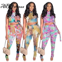 abhelenss outfits tie dye butterfly print clothes sexy crop top stacked pants matching sets tracksuit summer two piece set