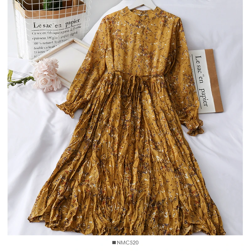 Элегантное шифоновое ретро платье с цветочным принтом и шнуровкой в Корейском