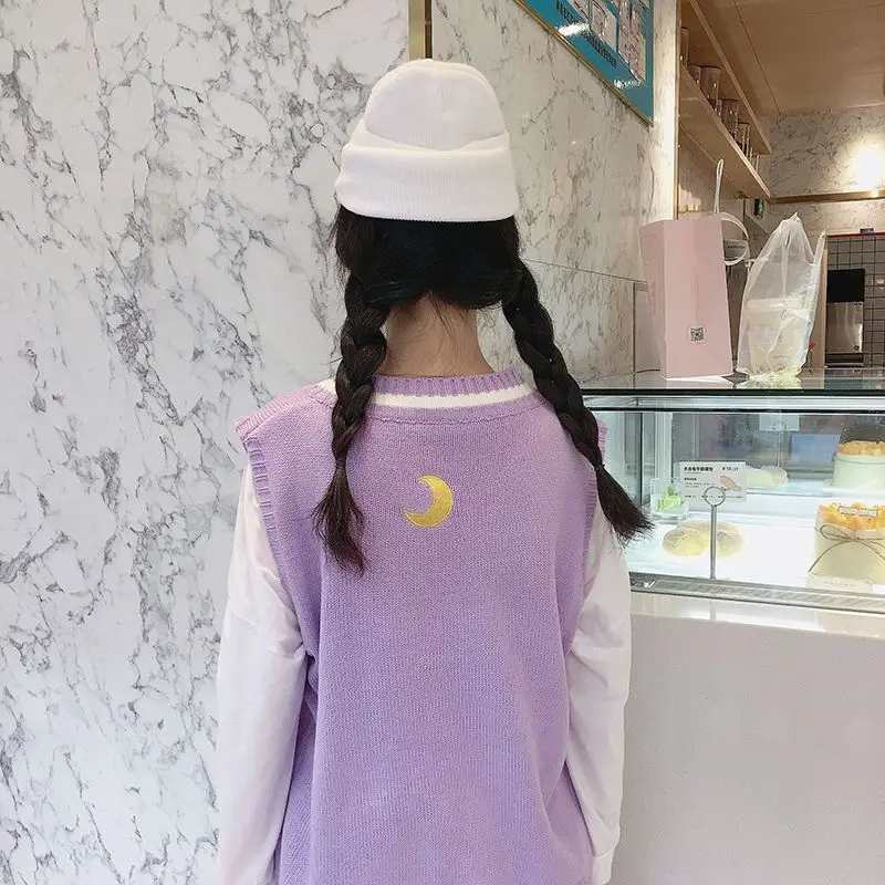 Women Sleeveless Pullover Jumper 2020 Autumn Korean Style Cute Letter Moon Embroidery V Neck Knitted Sweater Vest Waistcoat T399 | Женская