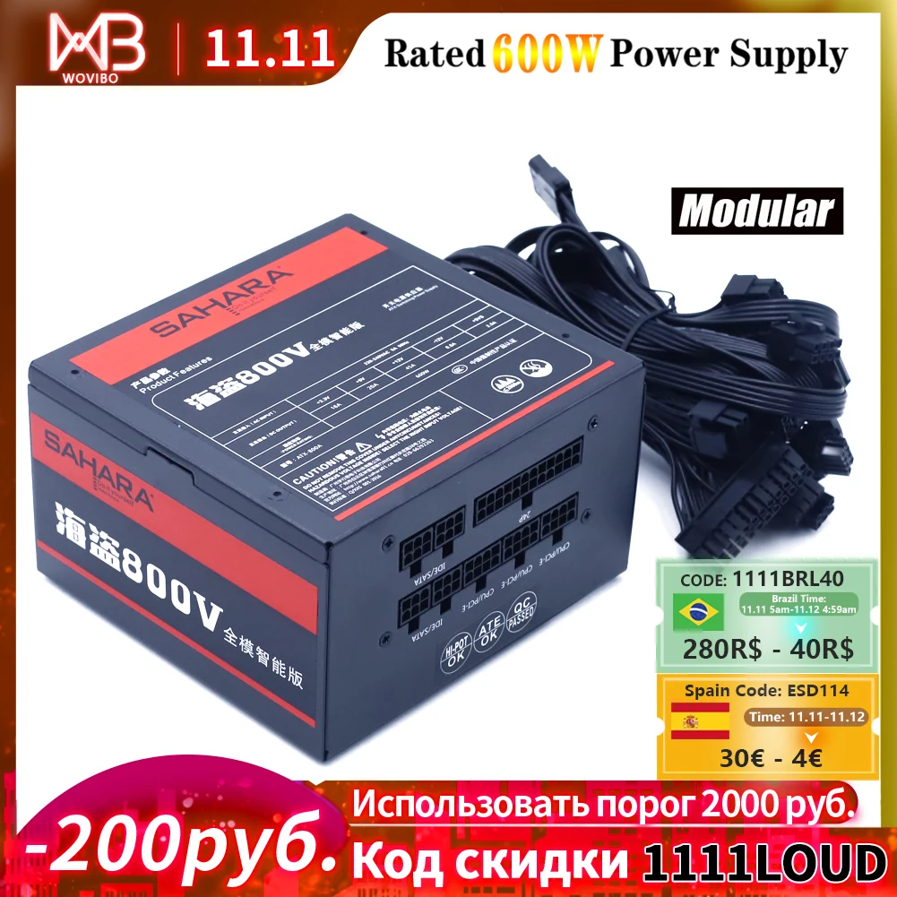 

Wovibo PC Gaming Power Supply Modular PSU Rated 600W 24PIN 12V ATX Computer Source 220V fuente de alimentacion 120mm Fan