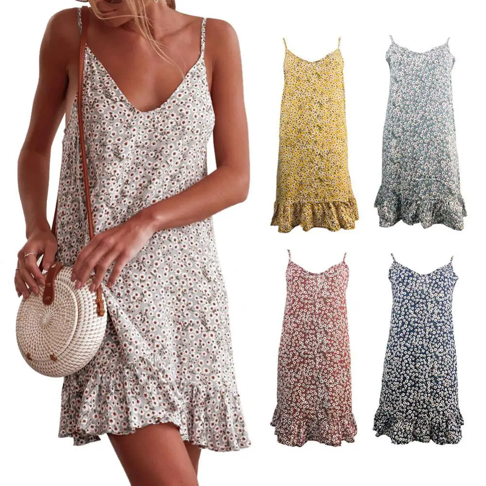 

Women Sexy Sleeveless V Neck Backless Flower Print Ruffles Beach Mini Slip Dress