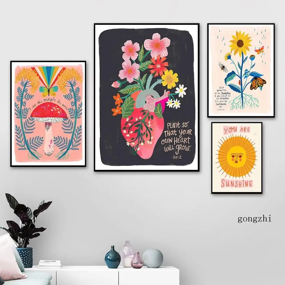 

Heart Plant Flowers Posters Sunshine Mushrooms Sunflower Canvas Painting Prints Inspirational Quote Wall Art Pictures Home Decor