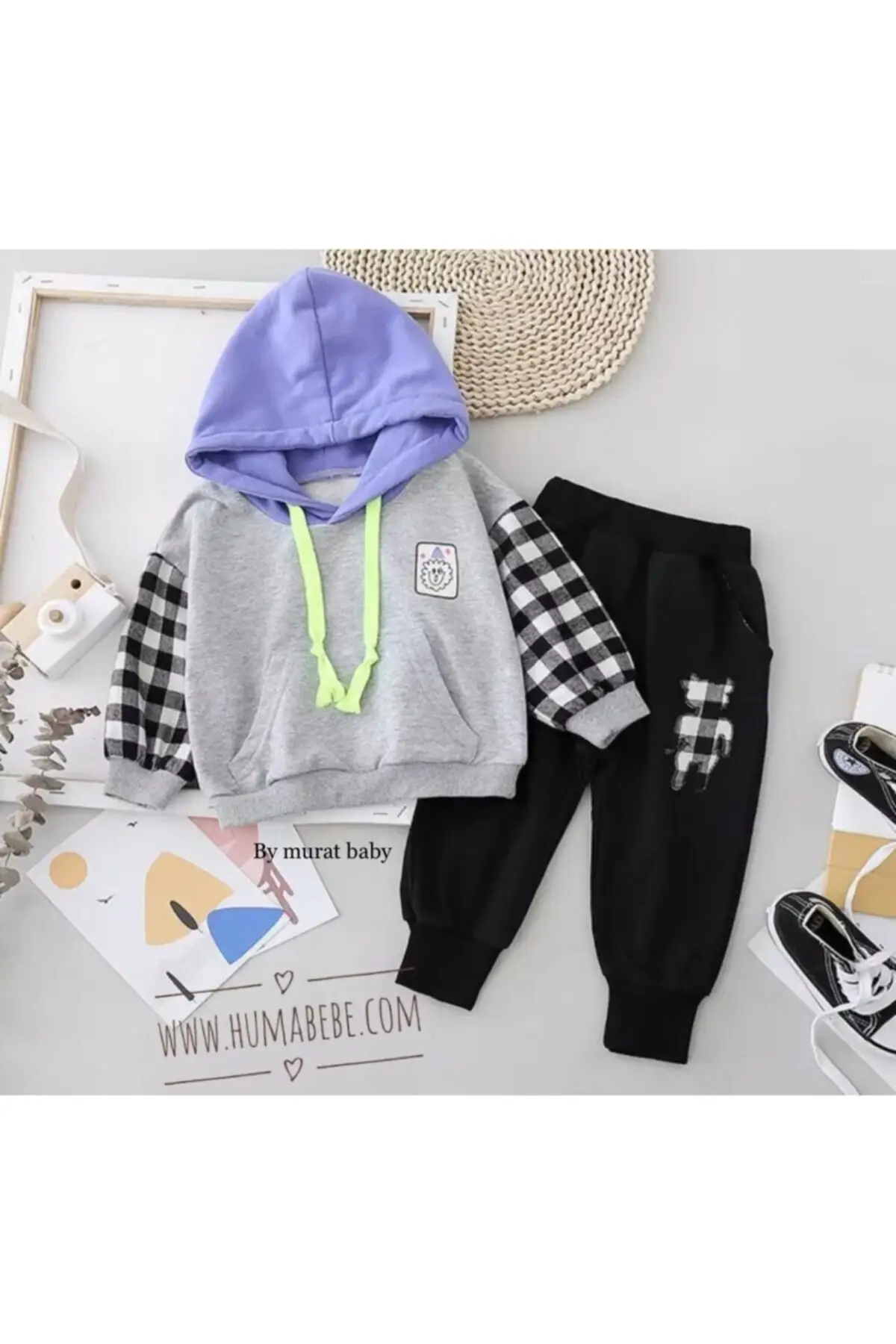 

Plaid sleeve hooded 2li suit Unisex baby suits clothing